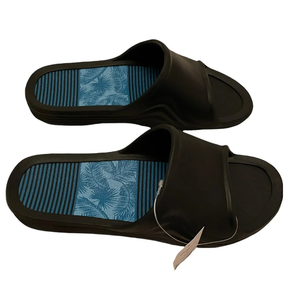 Black Rubber Slip On Sandal Smooth Comfort Cushion Insole Grip Outer Sole Mens 9